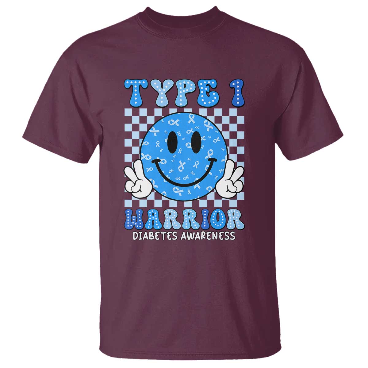 Diabetes Awareness T Shirt Blue Ribbon T1D Warrior Support Squad Retro Groovy TS02 Maroon Print Your Wear