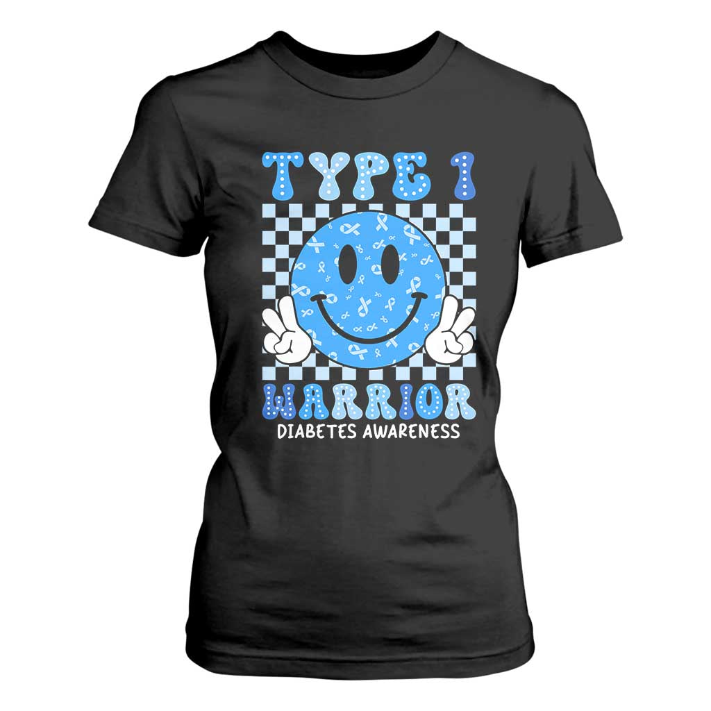 Diabetes Awareness T Shirt For Women Blue Ribbon T1D Warrior Support Squad Retro Groovy TS02 Black Print Your Wear
