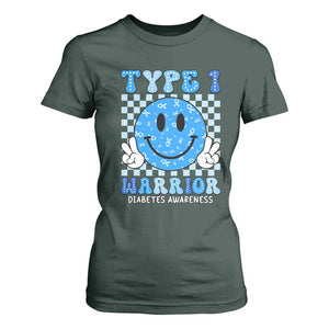 Diabetes Awareness T Shirt For Women Blue Ribbon T1D Warrior Support Squad Retro Groovy TS02 Dark Forest Green Print Your Wear