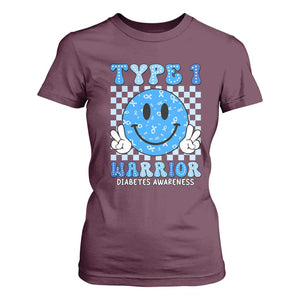 Diabetes Awareness T Shirt For Women Blue Ribbon T1D Warrior Support Squad Retro Groovy TS02 Maroon Print Your Wear