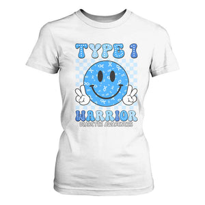 Diabetes Awareness T Shirt For Women Blue Ribbon T1D Warrior Support Squad Retro Groovy TS02 White Print Your Wear