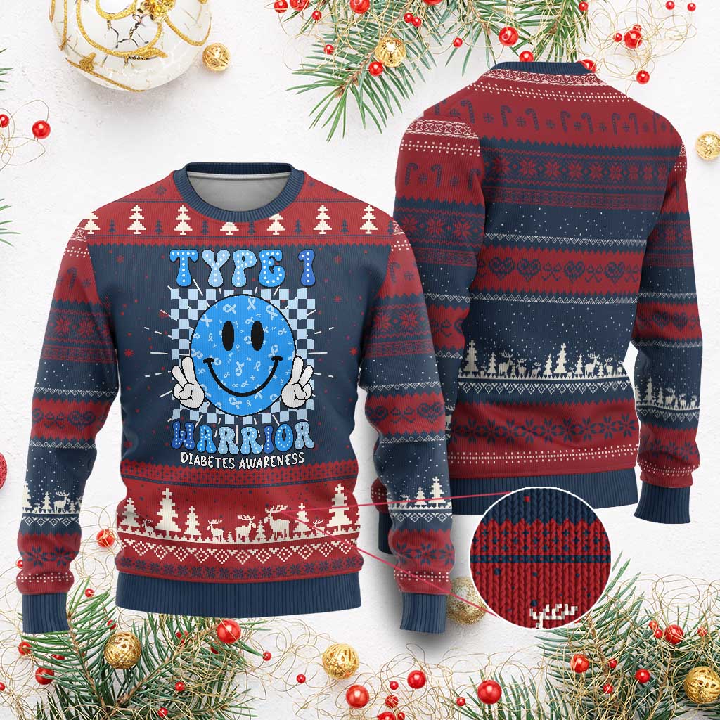 Diabetes Awareness Ugly Christmas Sweater Blue Ribbon T1D Warrior Support Squad Retro Groovy TS02 Burgundy Print Your Wear