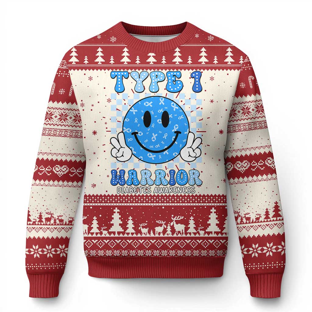 Diabetes Awareness Ugly Christmas Sweater Blue Ribbon T1D Warrior Support Squad Retro Groovy TS02 Red Print Your Wear
