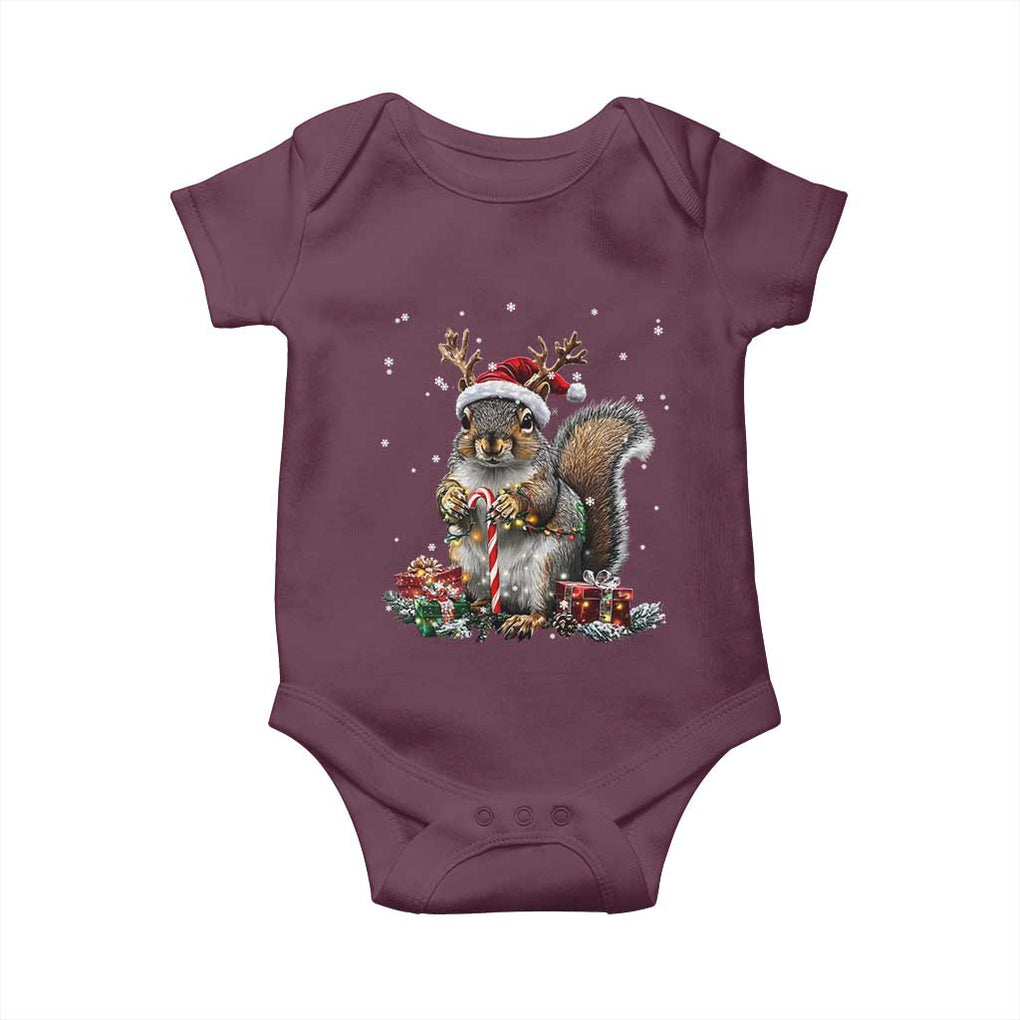 Christmas Squirrel Baby Onesie Xmas Tree Lights Reindeer Santa Hat Pajamas TS02 Maroon Print Your Wear