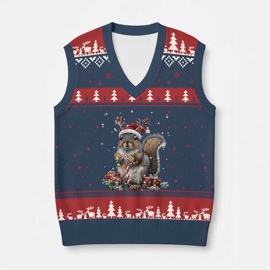 Xmas Squirrel V-Neck Knit Sweater Vest Xmas Tree Lights Reindeer Santa Hat Pajamas TS02 Navy Red Print Your Wear