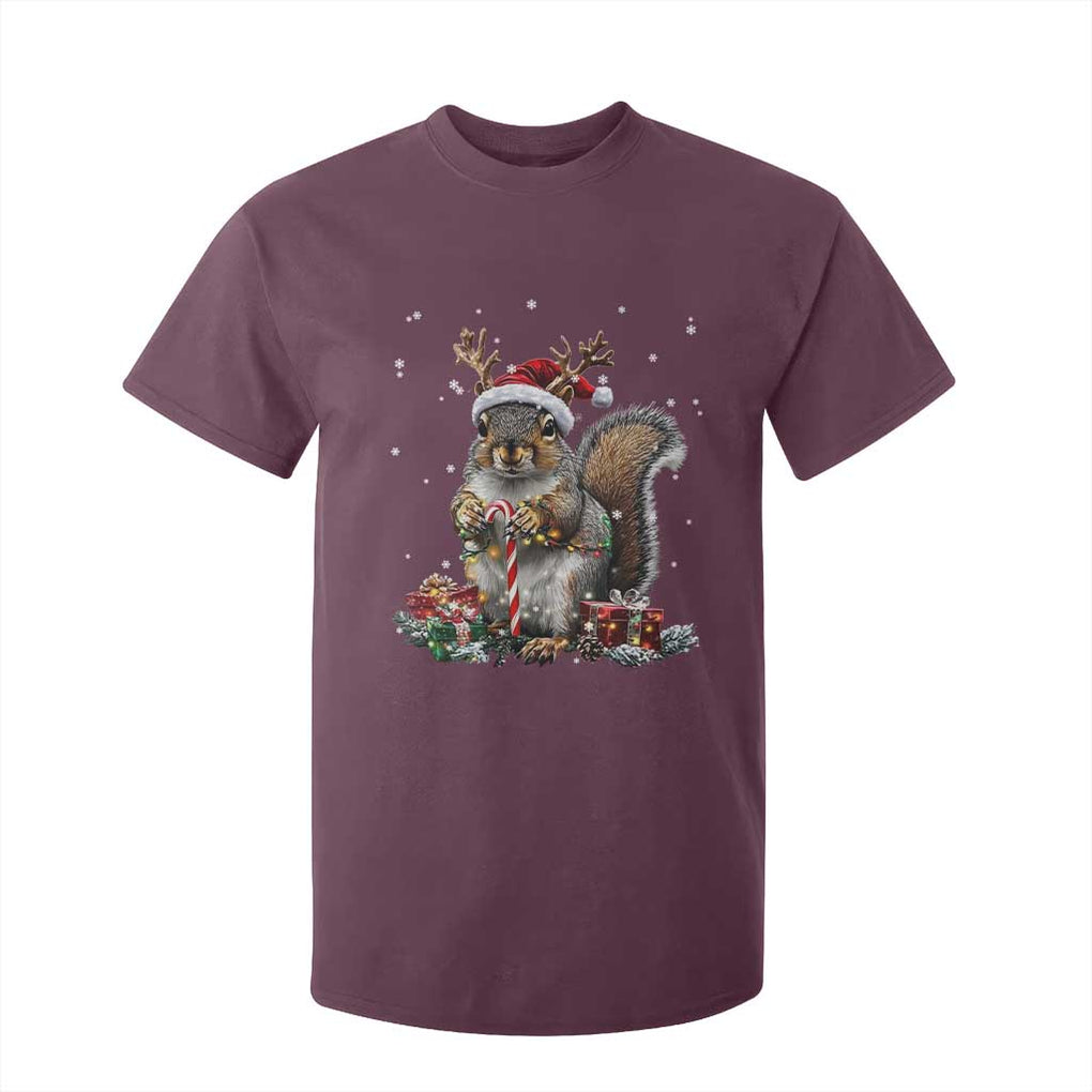 Christmas Squirrel T Shirt For Kid Xmas Tree Lights Reindeer Santa Hat Pajamas TS02 Maroon Print Your Wear
