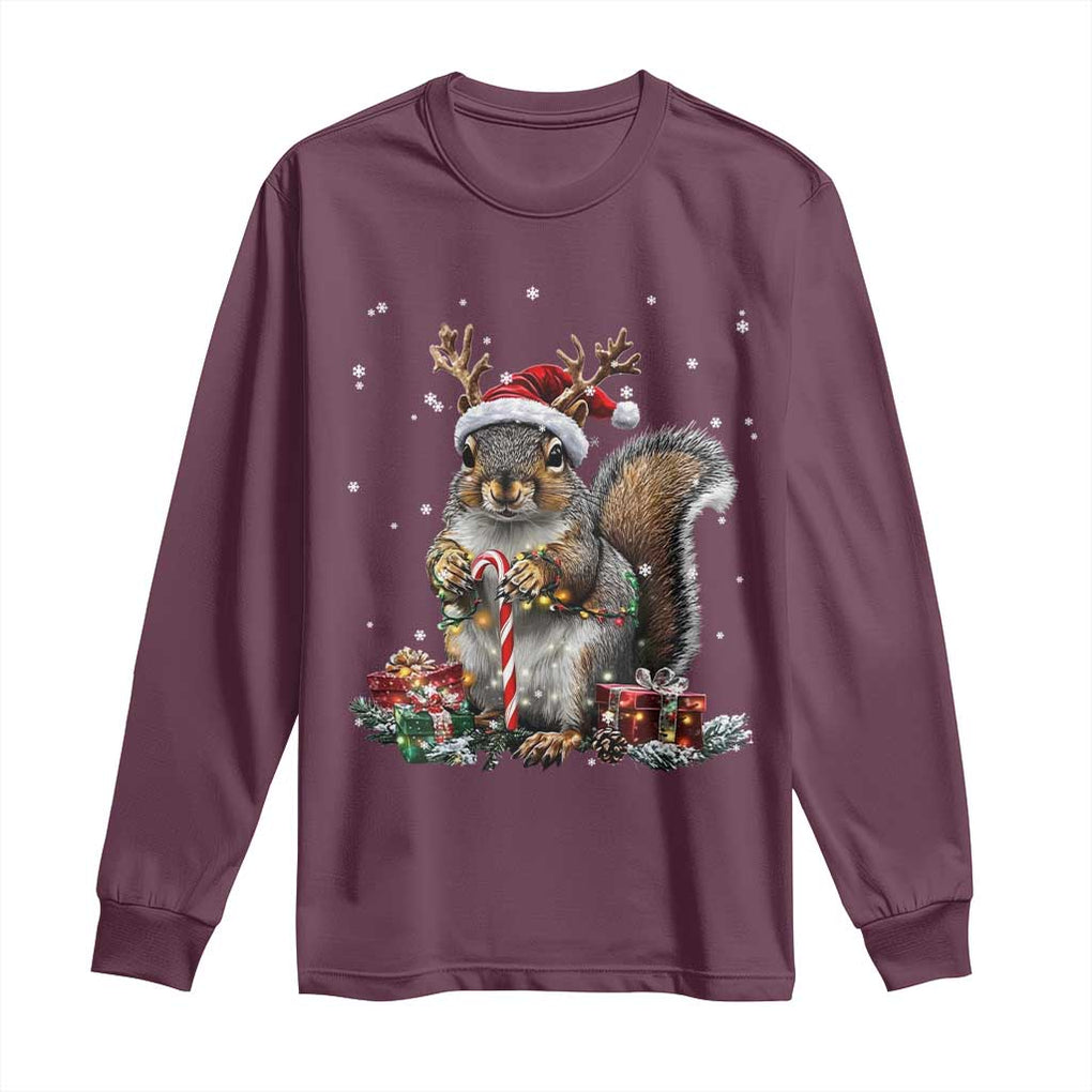 Christmas Squirrel Long Sleeve Shirt Xmas Tree Lights Reindeer Santa Hat Pajamas TS02 Maroon Print Your Wear