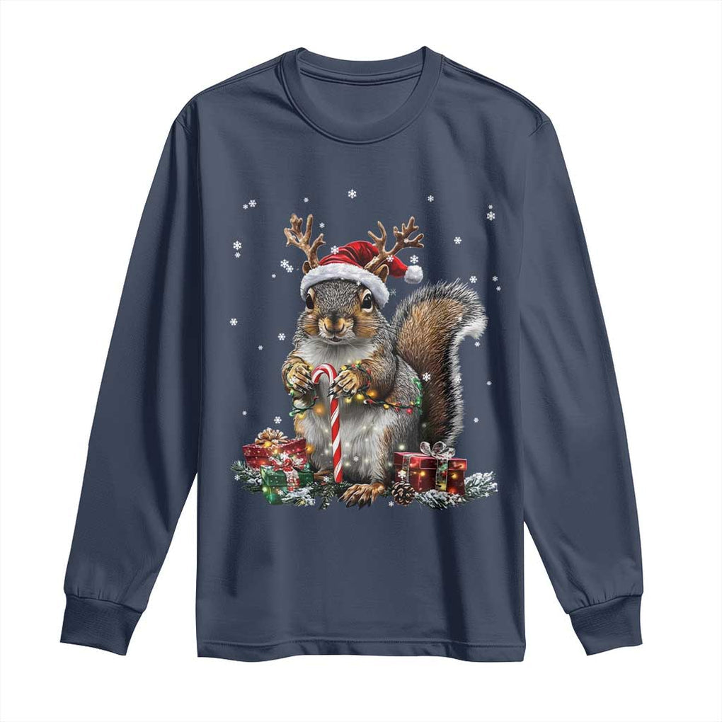 Christmas Squirrel Long Sleeve Shirt Xmas Tree Lights Reindeer Santa Hat Pajamas TS02 Navy Print Your Wear