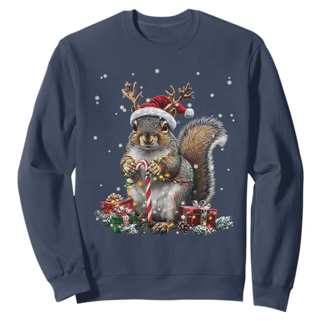 Christmas Squirrel Sweatshirt Xmas Tree Lights Reindeer Santa Hat Pajamas TS02 Navy Print Your Wear