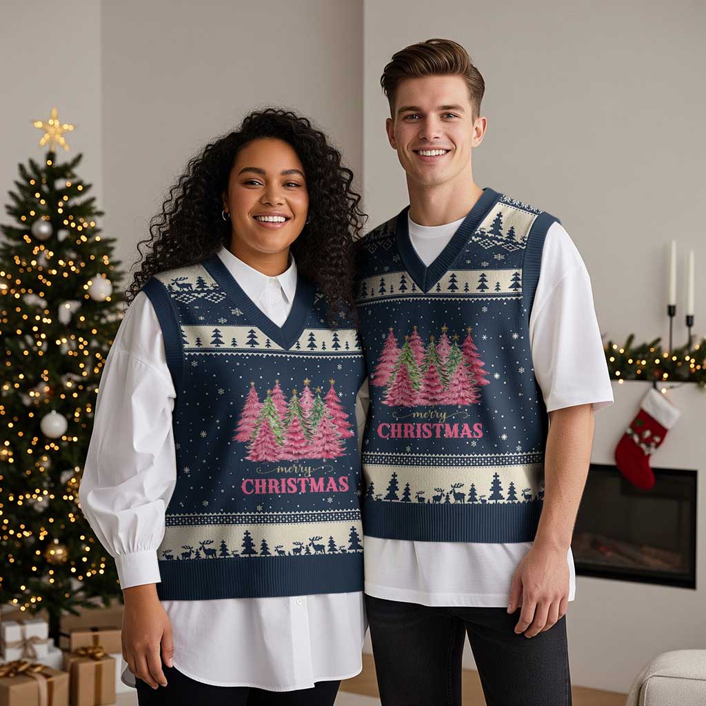 Pink Xmas Tree Farm V-Neck Knit Sweater Vest Merry Xmas Ornaments Family Holiday Pajamas TS02 Navy Beige Print Your Wear