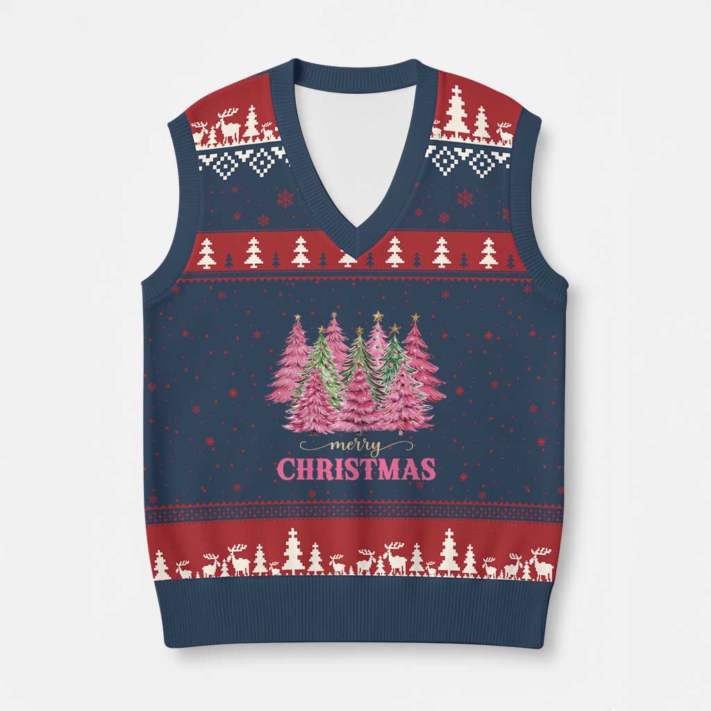 Pink Xmas Tree Farm V-Neck Knit Sweater Vest Merry Xmas Ornaments Family Holiday Pajamas TS02 Navy Red Print Your Wear