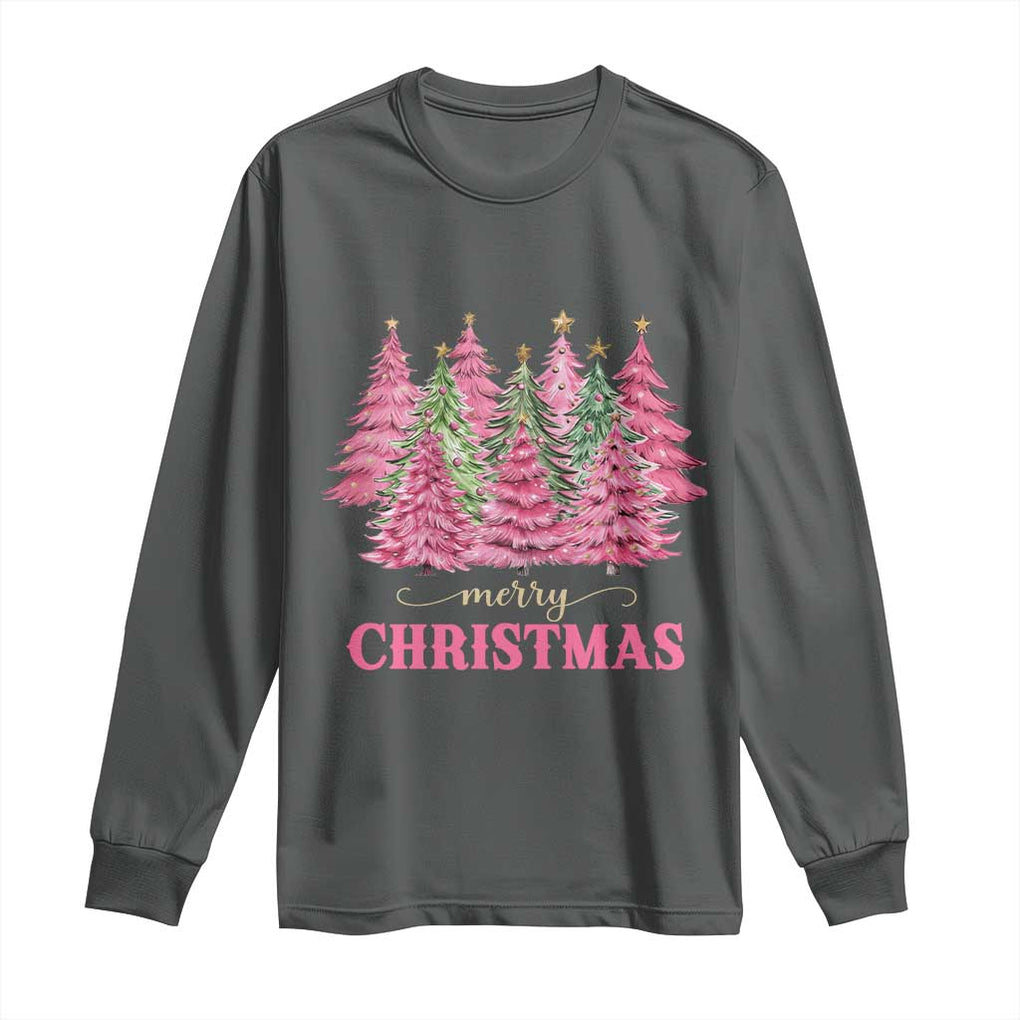 Pink Christmas Tree Farm Long Sleeve Shirt Merry Xmas Ornaments Family Holiday Pajamas TS02 Dark Heather Print Your Wear