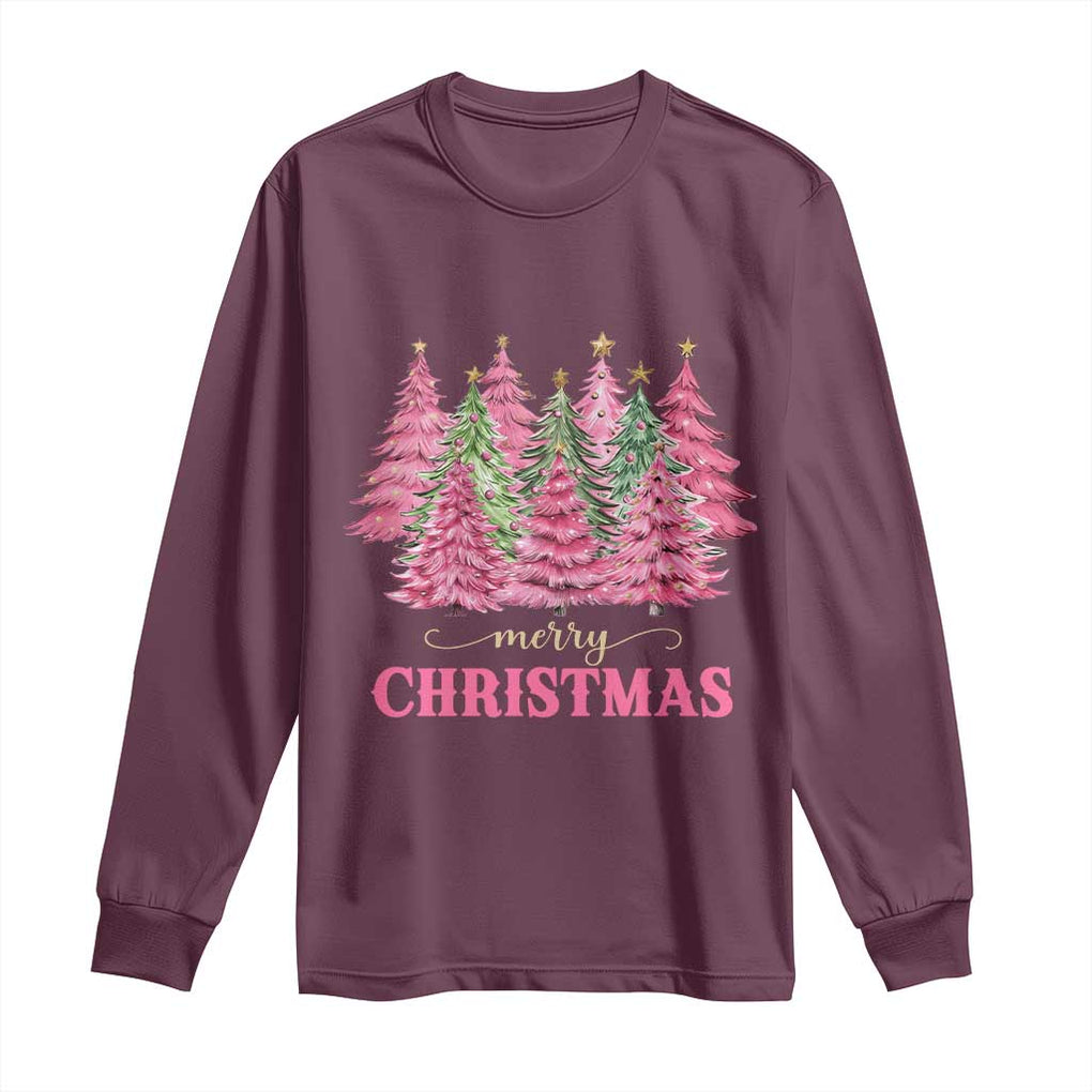Pink Christmas Tree Farm Long Sleeve Shirt Merry Xmas Ornaments Family Holiday Pajamas TS02 Maroon Print Your Wear