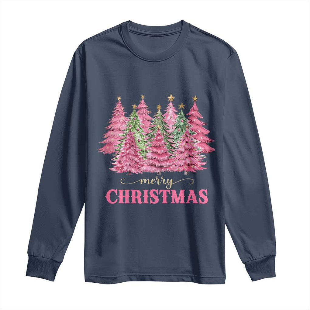 Pink Christmas Tree Farm Long Sleeve Shirt Merry Xmas Ornaments Family Holiday Pajamas TS02 Navy Print Your Wear
