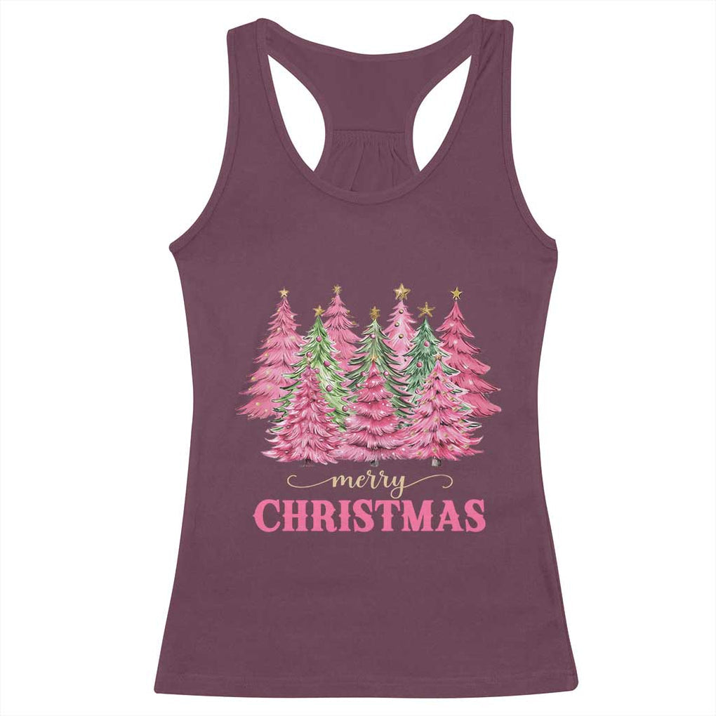 Pink Christmas Tree Farm Racerback Tank Top Merry Xmas Ornaments Family Holiday Pajamas TS02 Maroon Print Your Wear