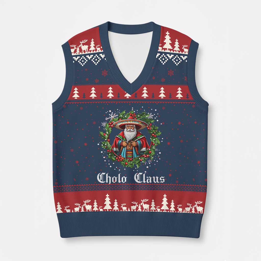 Funny Mexican Santa V-Neck Knit Sweater Vest Cholo Claus Xmas in Mexico TS02 Navy Red Print Your Wear
