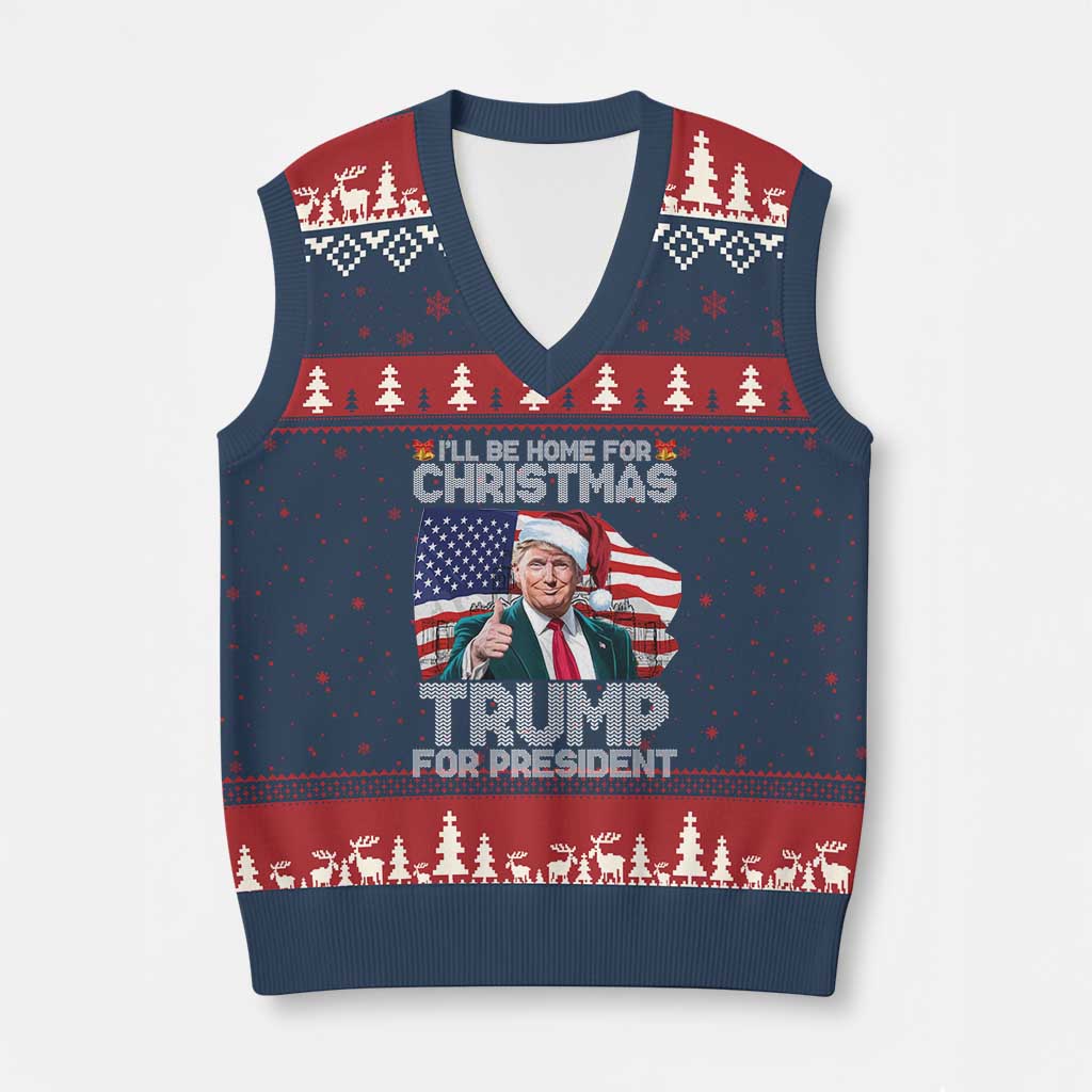 Xmas Trump V-Neck Knit Sweater Vest Ill Be Home For Xmas American Flag TS02 Navy Red Print Your Wear
