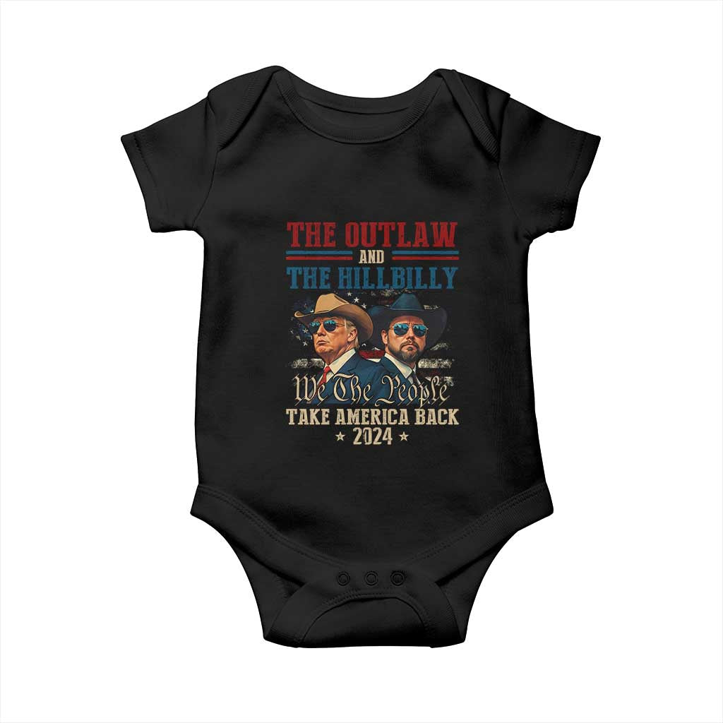 Trump Vance 2024 Baby Onesie The Outlaw and The Hillbilly Take America Back Retro American Flag TS02 Black Print Your Wear