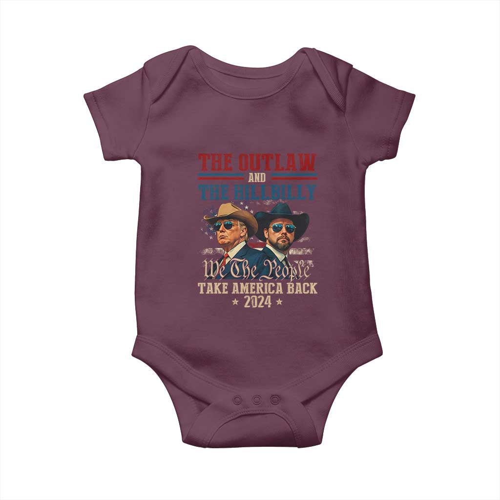 Trump Vance 2024 Baby Onesie The Outlaw and The Hillbilly Take America Back Retro American Flag TS02 Maroon Print Your Wear