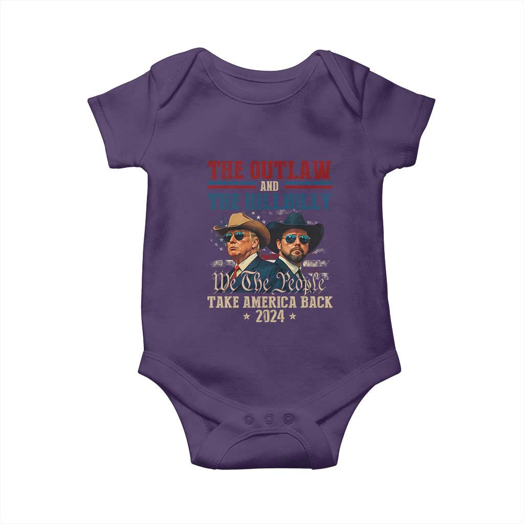 Trump Vance 2024 Baby Onesie The Outlaw and The Hillbilly Take America Back Retro American Flag TS02 Purple Print Your Wear