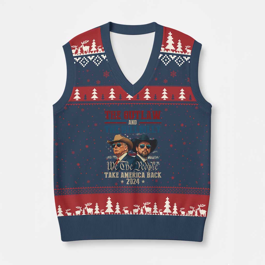 Trump Vance 2024 V-Neck Knit Sweater Vest The Outlaw and The Hillbilly Take America Back Retro American Flag TS02 Navy Red Print Your Wear