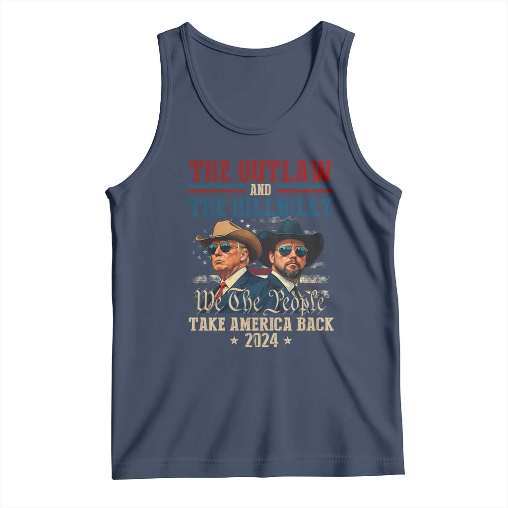 Trump Vance 2024 Tank Top The Outlaw and The Hillbilly Take America Back Retro American Flag TS02 Navy Print Your Wear