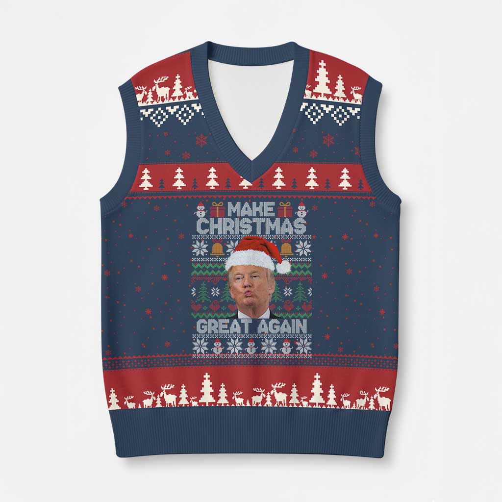 Funny Xmas Trump V-Neck Knit Sweater Vest Make Xmas Great Again Donald Kiss Pajamas TS02 Navy Red Print Your Wear
