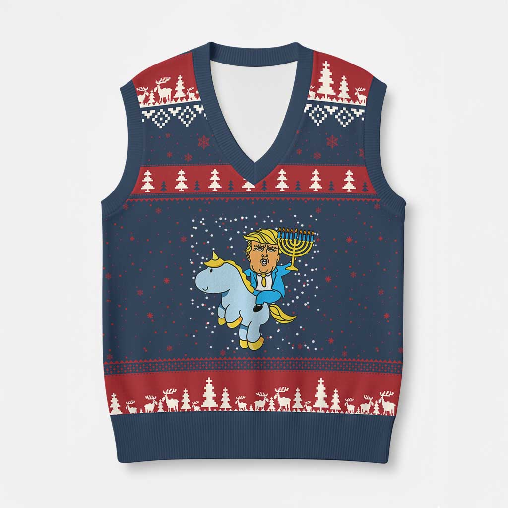 Funny Hanukkah Trump V-Neck Knit Sweater Vest Riding Unicorn Menorah Jewish Chanukah Gift TS02 Navy Red Print Your Wear