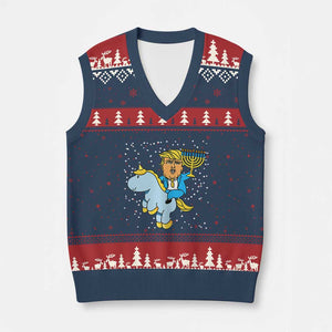 Funny Hanukkah Trump V-Neck Knit Sweater Vest Riding Unicorn Menorah Jewish Chanukah Gift TS02 Navy Red Print Your Wear