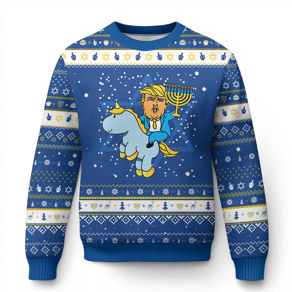 Funny Trump Hanukkah Ugly Sweater Riding Unicorn Menorah Jewish Chanukah Gift TS02 Blue White Print Your Wear