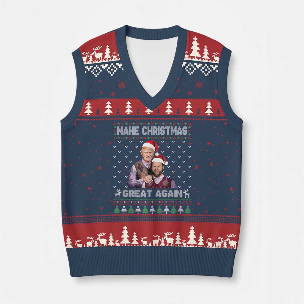 Xmas Trump Vance V-Neck Knit Sweater Vest Make Xmas Great Again Funny Republicans Ugly Sweater TS02 Navy Red Print Your Wear