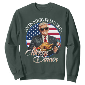Trump Won 2024 Winner Sweatshirt Funny Winner Chicken Dinner American Flag TS02 Dark Forest Green Print Your Wear