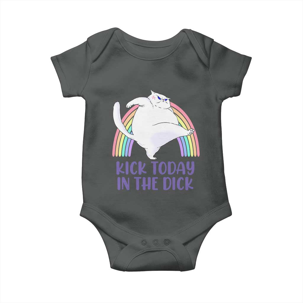 Funny Sarcastic Cat Baby Onesie Kick Today In The Dick Pastel Rainbow TS02 Dark Heather Print Your Wear