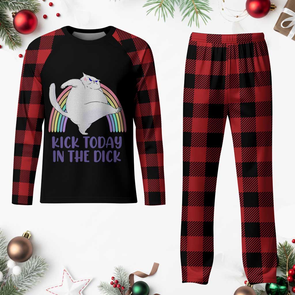 Funny Sarcastic Cat Plaid Pajama Set Kick Today In The Dick Pastel Rainbow TS02 Buffalo Plaid Print Your Wear
