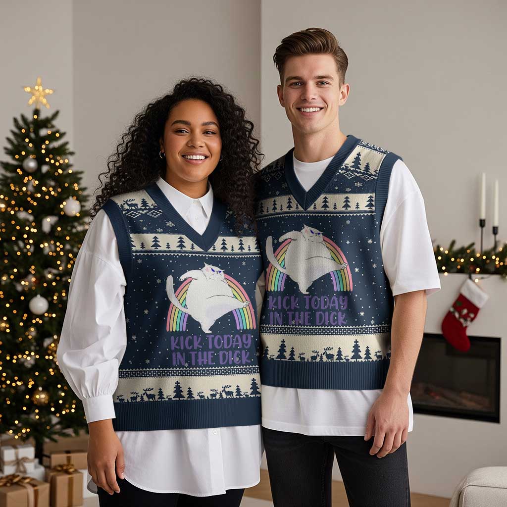 Funny Sarcastic Cat V-Neck Knit Sweater Vest Kick Today In The Dick Pastel Rainbow TS02 Navy Beige Print Your Wear