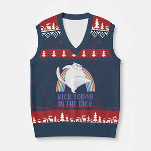 Funny Sarcastic Cat V-Neck Knit Sweater Vest Kick Today In The Dick Pastel Rainbow TS02 Navy Red Print Your Wear