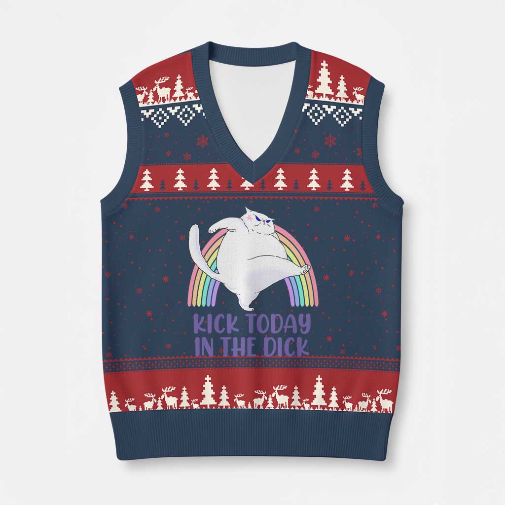 Funny Sarcastic Cat V-Neck Knit Sweater Vest Kick Today In The Dick Pastel Rainbow TS02 Navy Red Print Your Wear