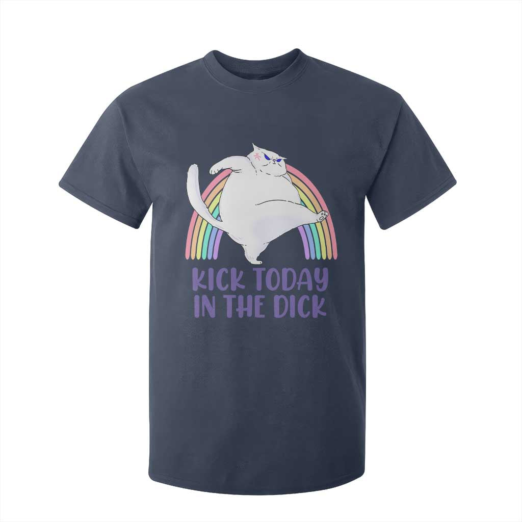 Funny Sarcastic Cat T Shirt For Kid Kick Today In The Dick Pastel Rainbow TS02 Navy Print Your Wear