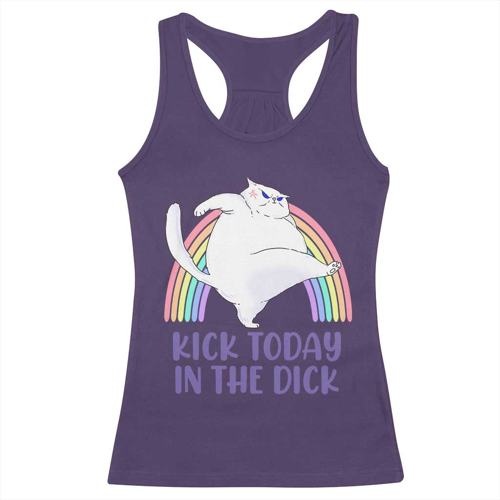 Funny Sarcastic Cat Racerback Tank Top Kick Today In The Dick Pastel Rainbow TS02 Purple Print Your Wear