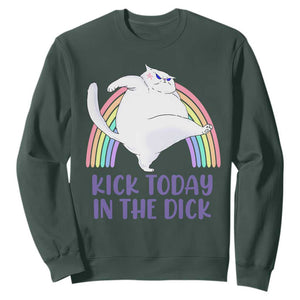 Funny Sarcastic Cat Sweatshirt Kick Today In The Dick Pastel Rainbow TS02 Dark Forest Green Print Your Wear