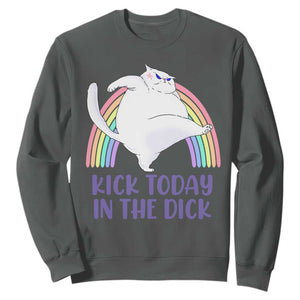 Funny Sarcastic Cat Sweatshirt Kick Today In The Dick Pastel Rainbow TS02 Dark Heather Print Your Wear