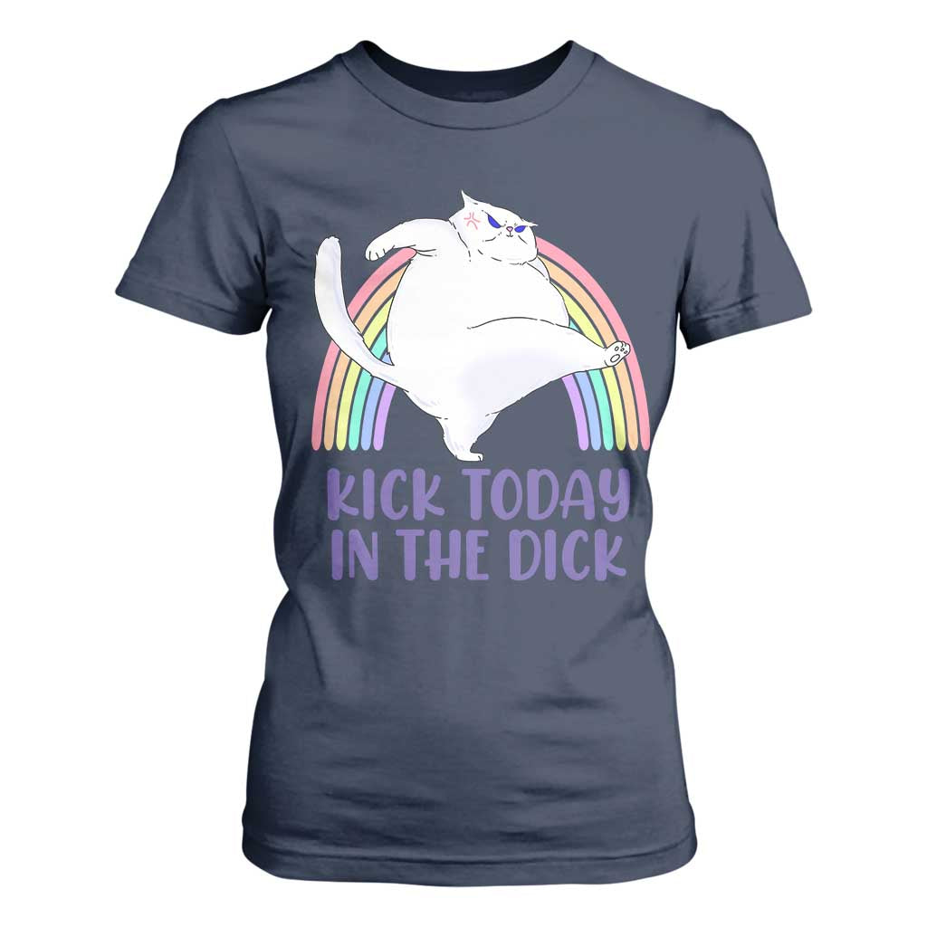 Funny Sarcastic Cat T Shirt For Women Kick Today In The Dick Pastel Rainbow TS02 Navy Print Your Wear