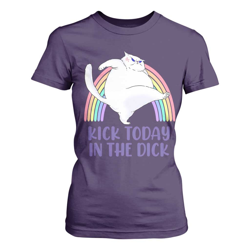 Funny Sarcastic Cat T Shirt For Women Kick Today In The Dick Pastel Rainbow TS02 Purple Print Your Wear