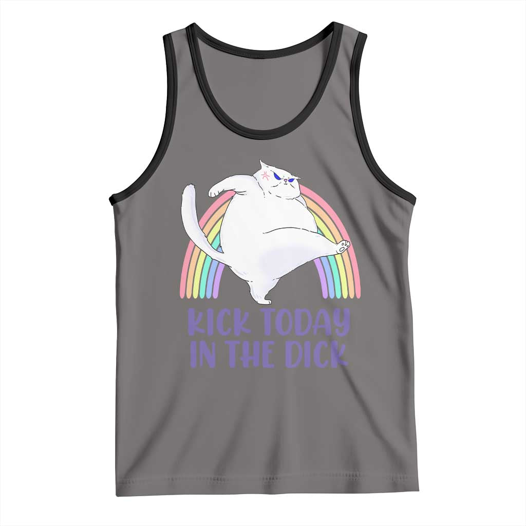 Funny Sarcastic Cat Tank Top Kick Today In The Dick Pastel Rainbow TS02 Deep Heather Black Print Your Wear