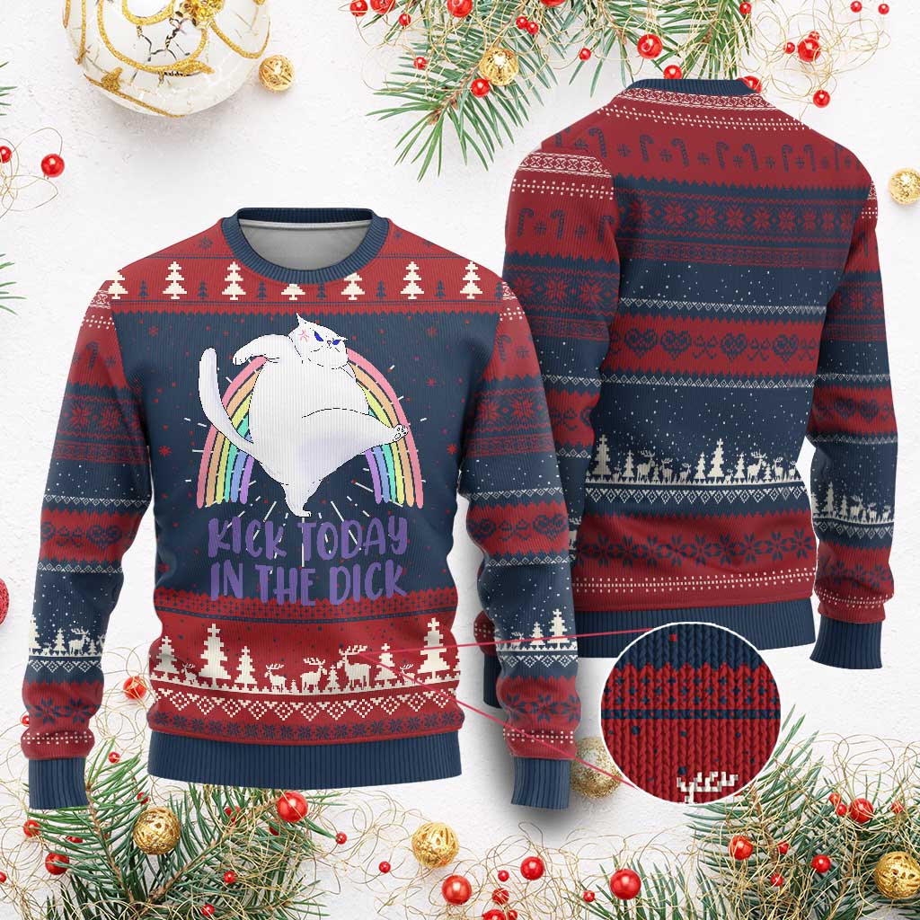 Funny Sarcastic Cat Ugly Christmas Sweater Kick Today In The Dick Pastel Rainbow TS02 Burgundy Print Your Wear