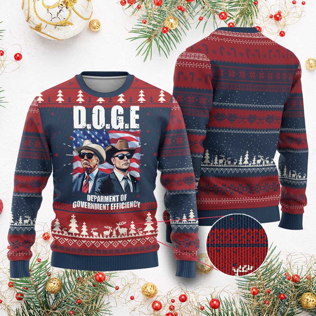 Trump Elon 2024 Ugly Christmas Sweater D.O.G.E Department Of Government Efficiency TS02 Burgundy Print Your Wear