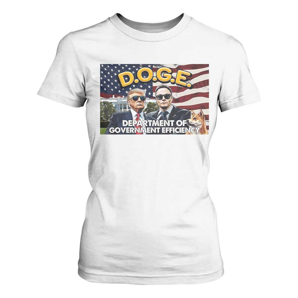 Trump Elon 2024 T Shirt For Women D.O.G.E DOGE Department Of Government Efficiency TS02 White Print Your Wear