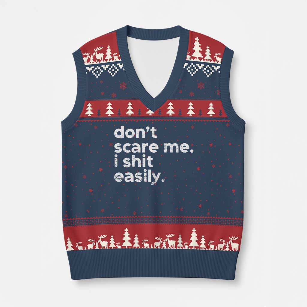 Funny Sarcastic Quote V-Neck Knit Sweater Vest Don't Scare Me I Shit Easily Retro Minimalism TS02 Navy Red Print Your Wear