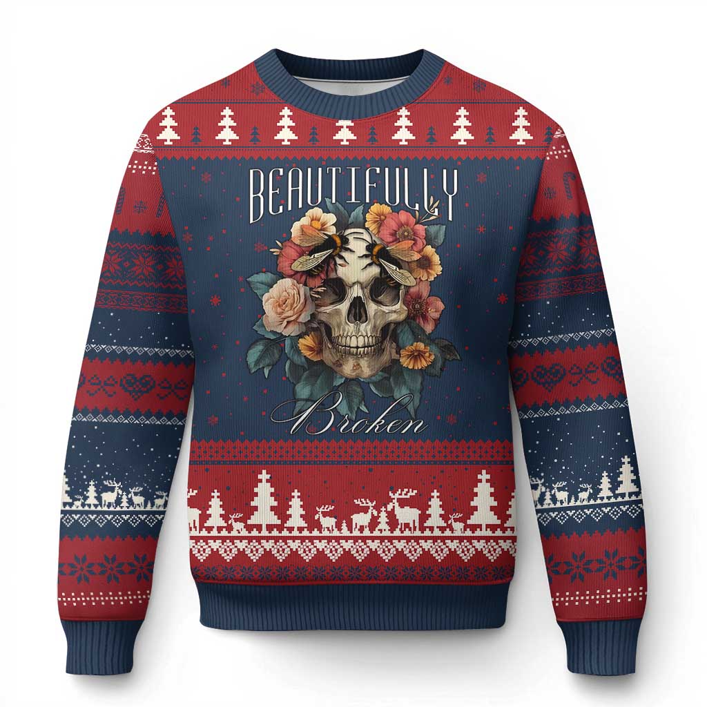 Botanical Skull Ugly Christmas Sweater Beautifully Broken Cottagecore TS02 Navy Red Print Your Wear