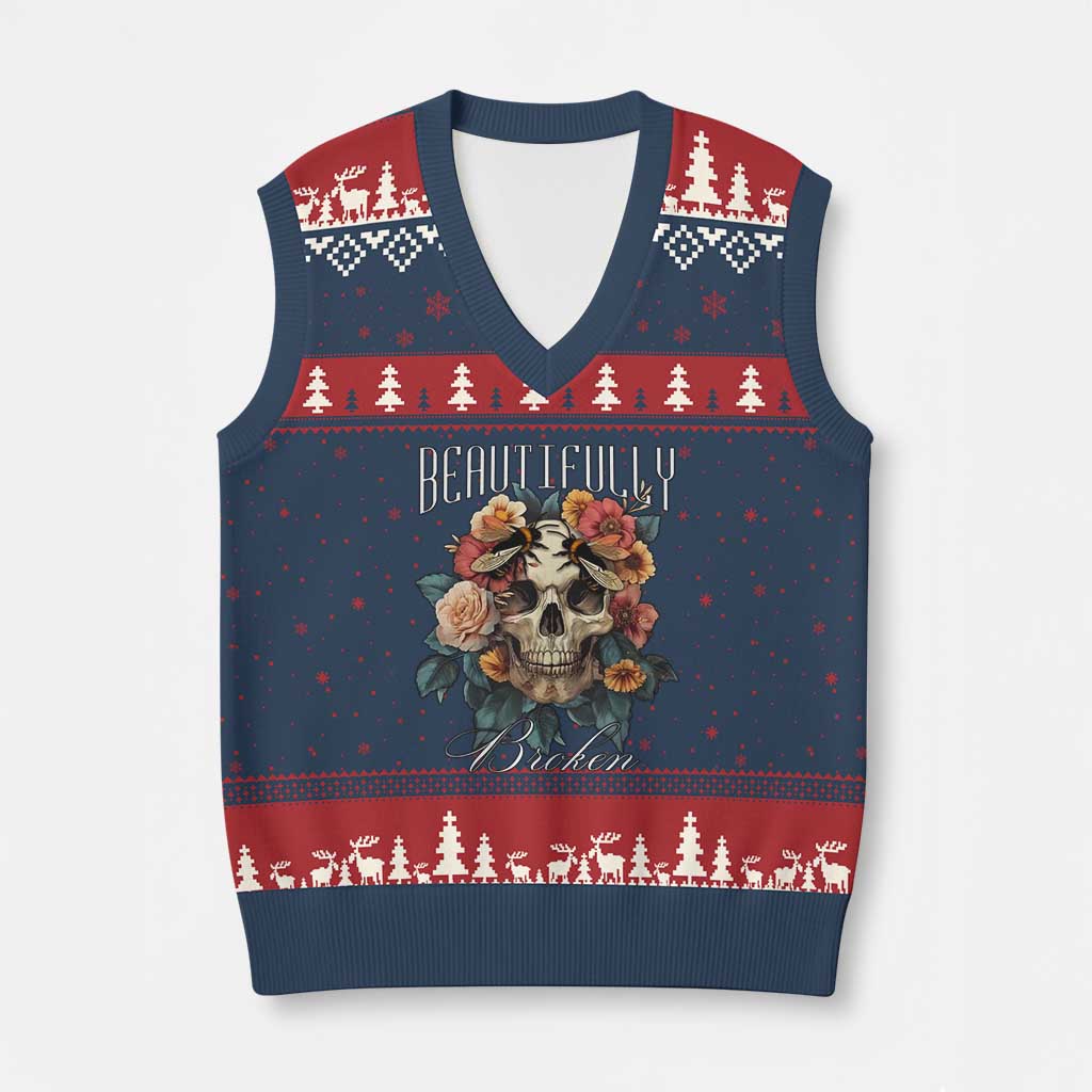 Botanical Skull V-Neck Knit Sweater Vest Beautifully Broken Cottagecore TS02 Navy Red Print Your Wear